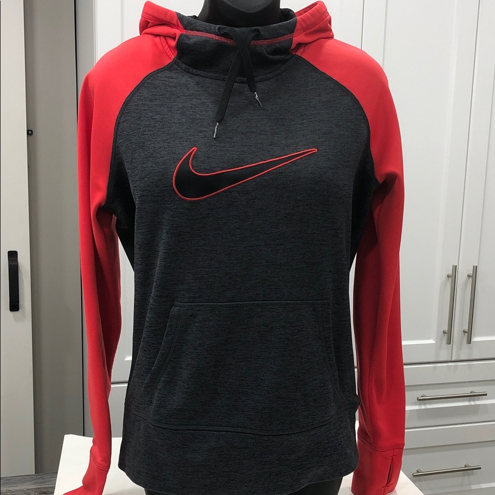 Nike Therma-Fit Hoodie Small Dark Heather Grey & Red Fleece-Lined - Women’s S